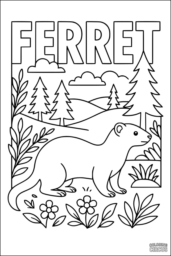 Coloring page featuring a cute ferret in a forest with trees, flowers, and clouds.