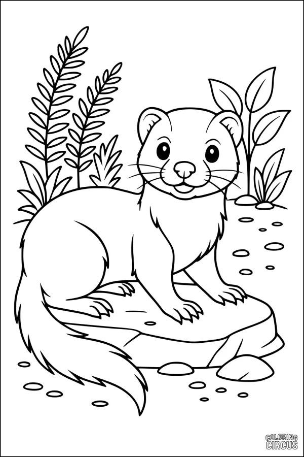 Coloring page of a cute ferret sitting on a rock in a garden with plants and stones