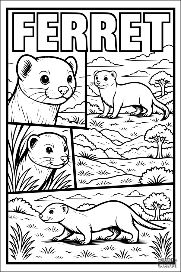 Coloring page showing a playful ferret exploring a grassy meadow landscape with trees