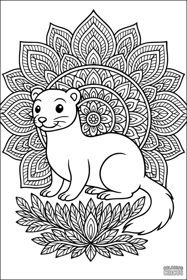 Coloring page featuring a cute ferret sitting in front of a detailed mandala flower background with leafy plants, for kids and adults