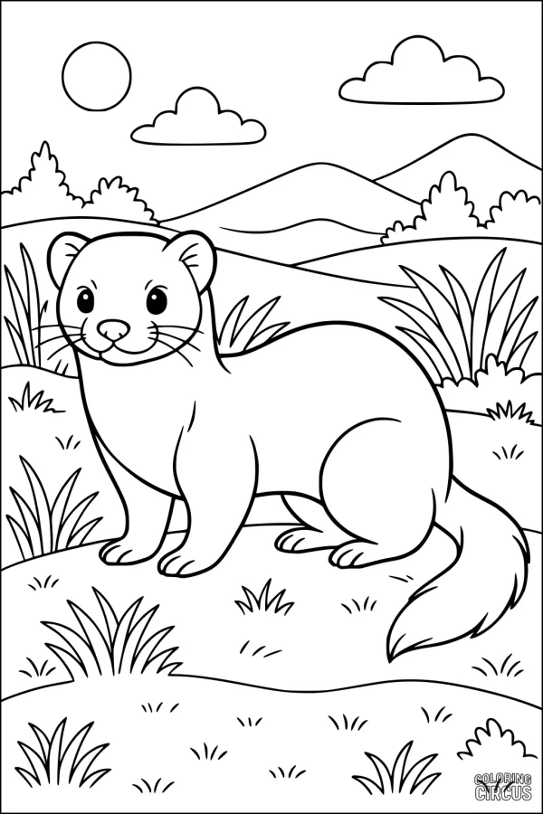 Coloring page featuring a cartoon ferret standing in a sunny meadow with distant hills and clouds