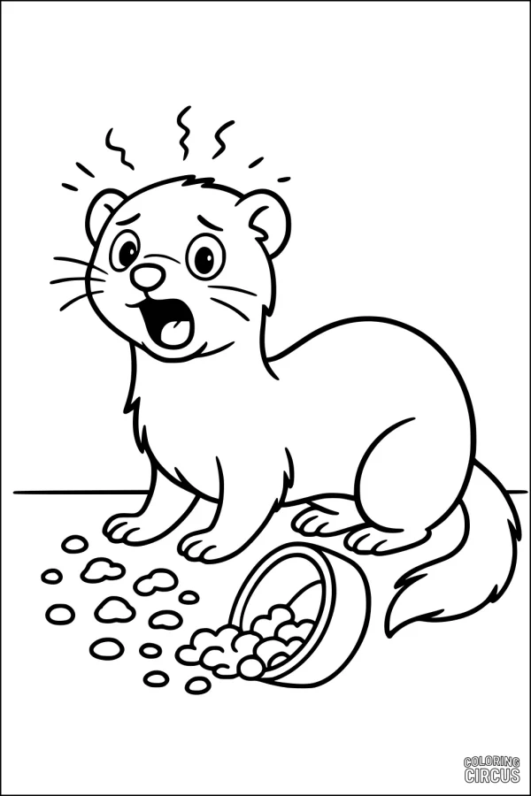 Coloring page showing a surprised cartoon ferret with spilled food bowl