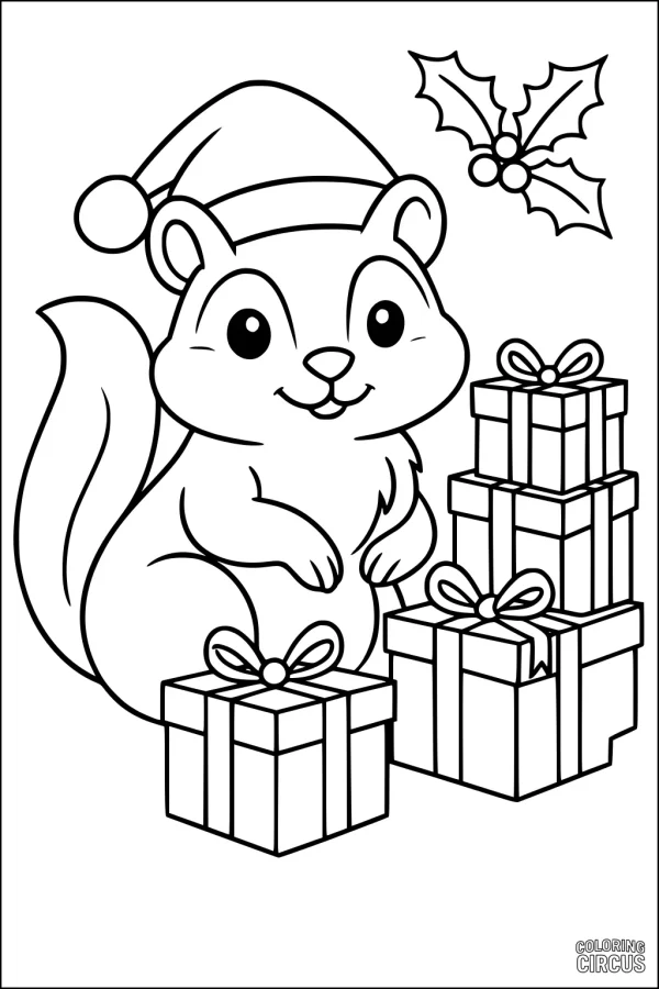 Coloring page of a cute chipmunk in a Santa hat with presents and holly, holiday themed