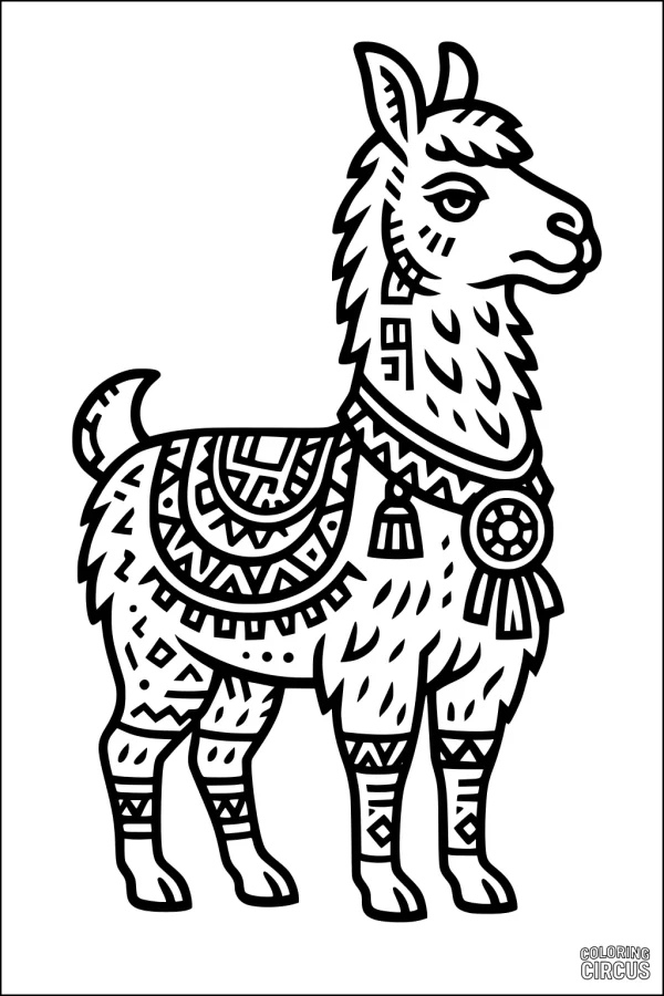 Coloring page of llama with decorative patterned blanket and tassels