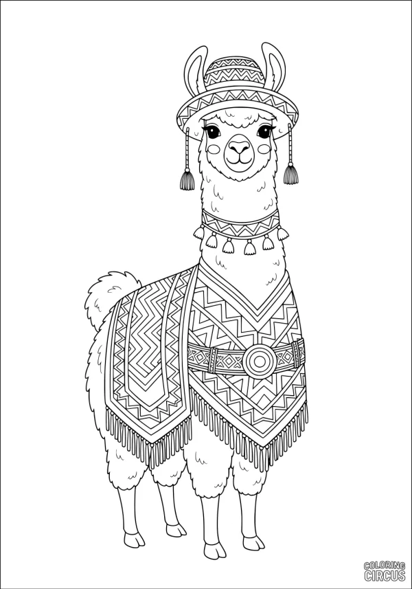 Coloring page of a llama wearing a festive patterned poncho and hat, detailed with tassels and geometric designs.
