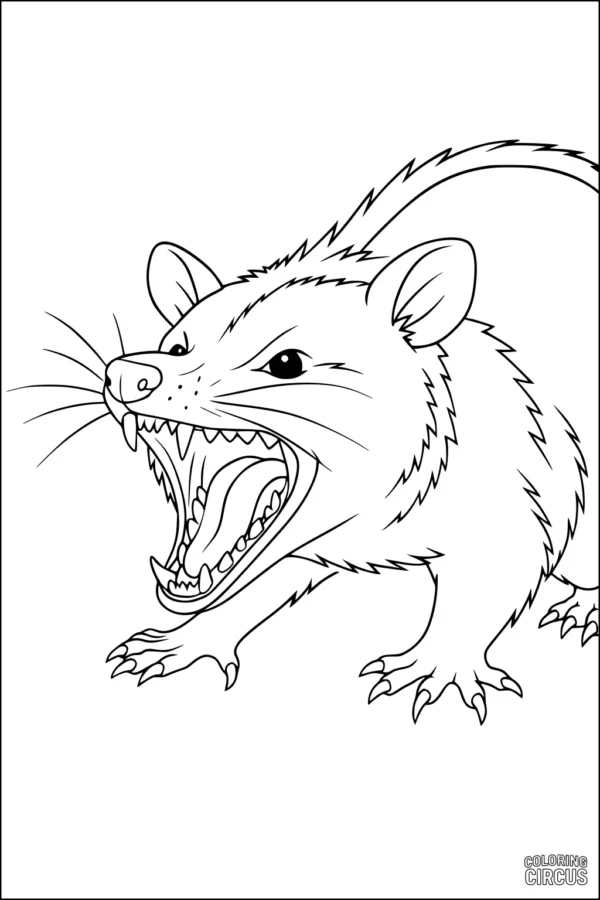 Coloring page of an alert opossum with open mouth showing teeth, ready to defend, detailed for older children and adults