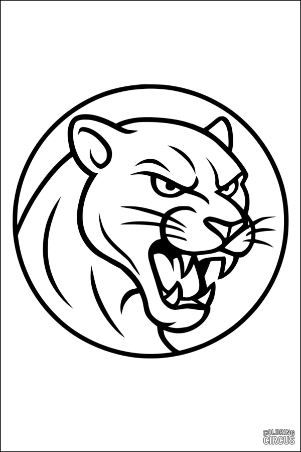 Coloring page of fierce panther head inside a circle with open mouth and sharp teeth, jaguar panther category