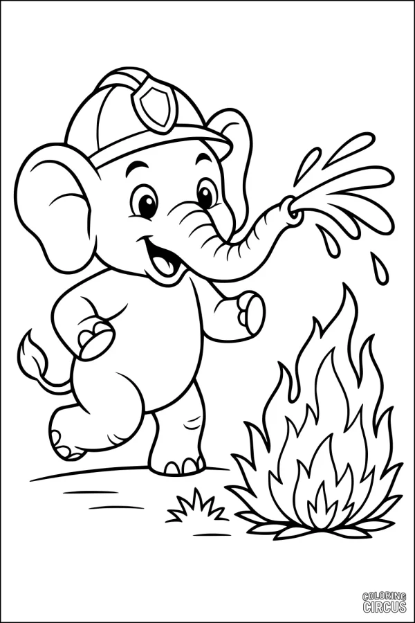 Coloring page of a cartoon elephant wearing a firefighter helmet spraying water on a fire