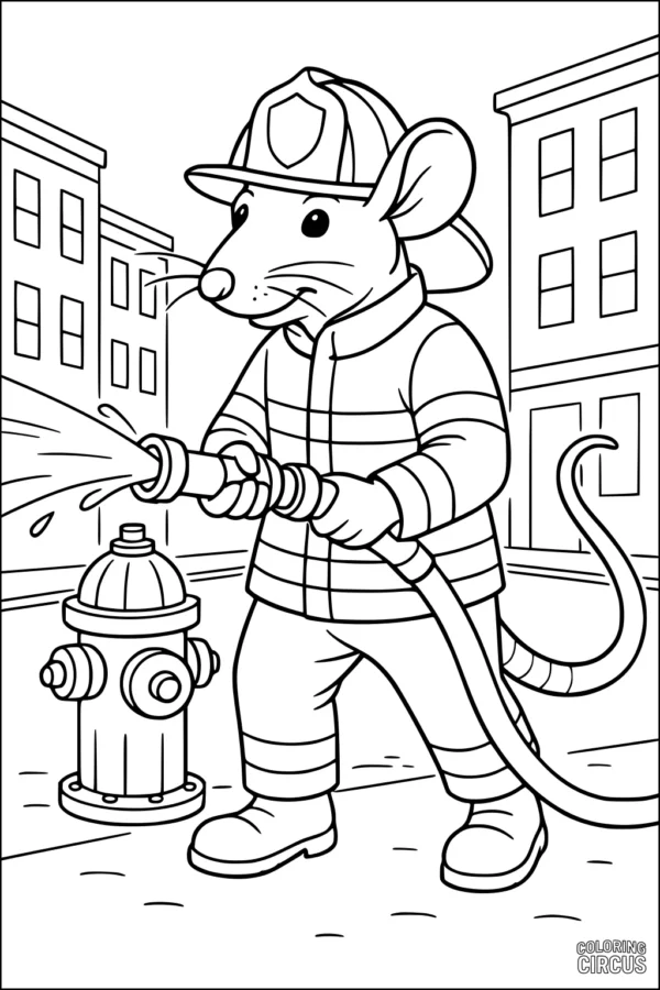 Coloring page featuring a cartoon rat dressed as a firefighter using a hose connected to a fire hydrant in a city street.