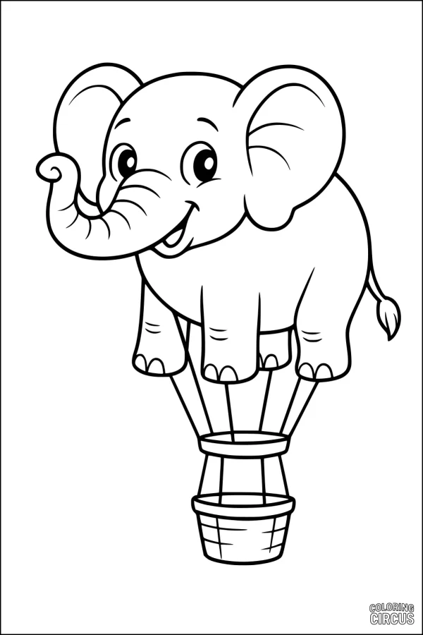 Coloring page of a smiling cartoon elephant standing in a floating basket