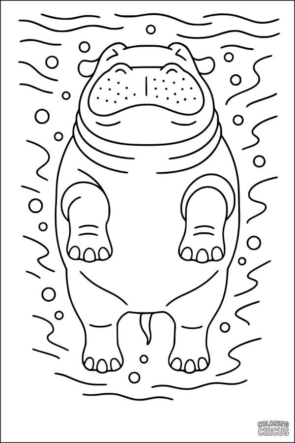 Coloring page of a cartoon hippopotamus floating surrounded by water and bubbles