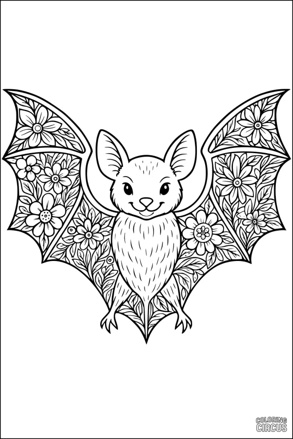 Coloring page with a smiling cartoon bat featuring detailed floral and leaf patterns on its wings.