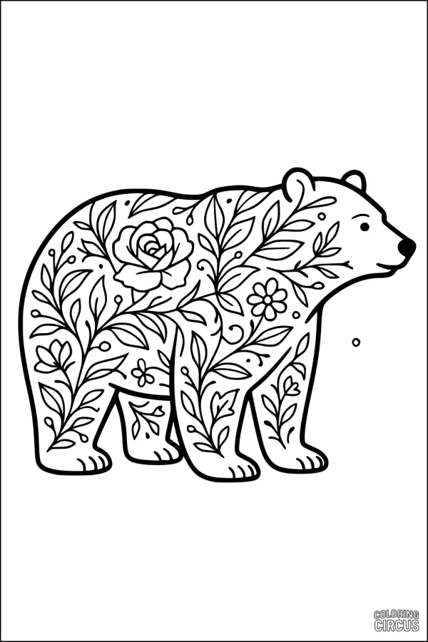 Coloring page of a bear illustration filled with floral and leafy botanical patterns