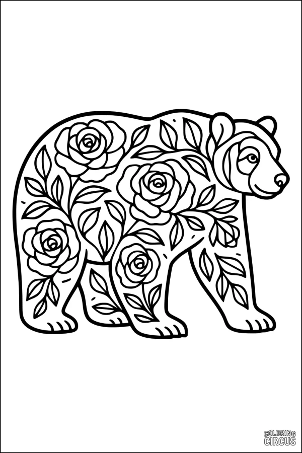 Coloring page featuring a bear outlined with floral and leaf patterns throughout its body