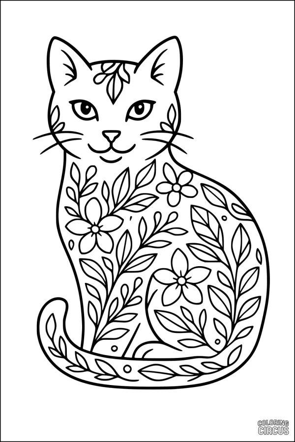 Coloring page of a sitting cat with floral and leafy patterns