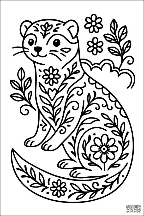 Coloring page of a cute ferret with floral patterns and leafy decorations