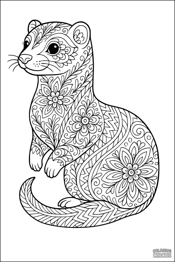 Coloring page with a detailed floral-patterned ferret, decorated with flowers and swirls