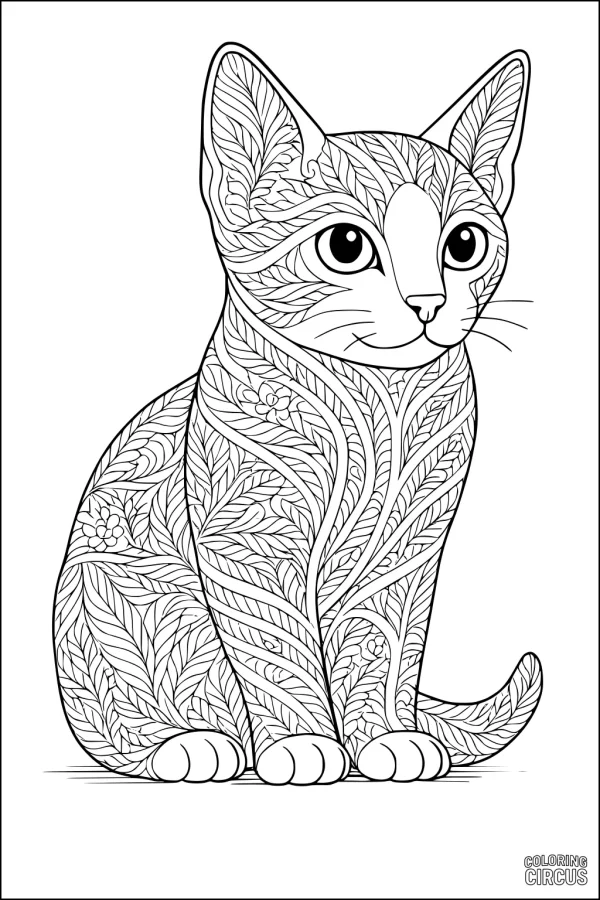 Coloring page featuring a sitting cat with detailed floral and leafy patterns
