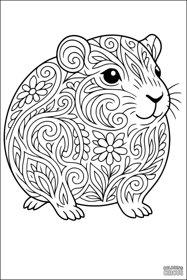 Coloring page with a guinea pig covered in floral and swirl patterns