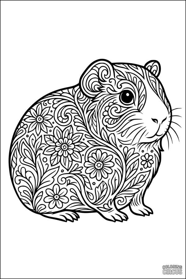 Coloring page showing a guinea pig with detailed floral and leaf patterns in its fur for advanced coloring.