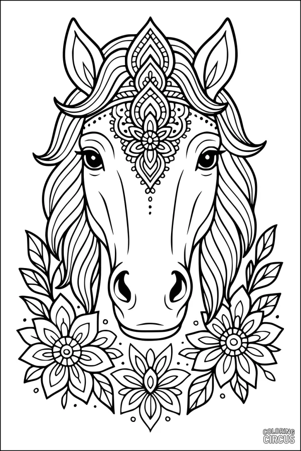 Coloring page showing a horse's head with ornate floral and mandala designs framing the face