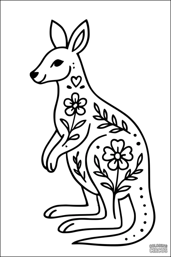 Coloring page of a cute kangaroo decorated with flowers and leaves
