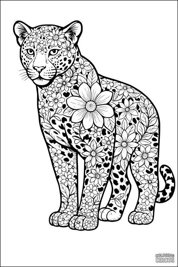 Coloring page featuring a leopard covered in intricate floral and leaf patterns, perfect for kids and adults