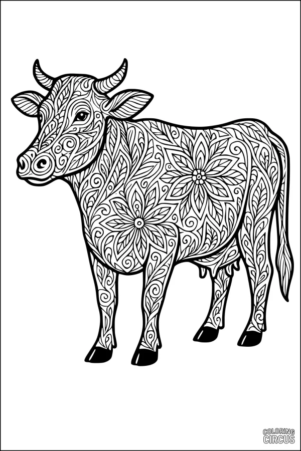 Coloring page with a cow covered in intricate floral and swirl patterns