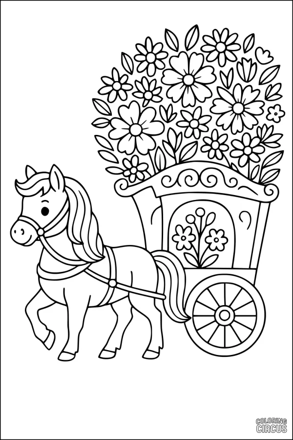 Coloring page of a cute horse pulling a wagon filled with flowers
