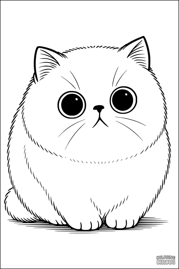 Coloring page of a cute domestic cat with fluffy fur and big round eyes sitting calmly
