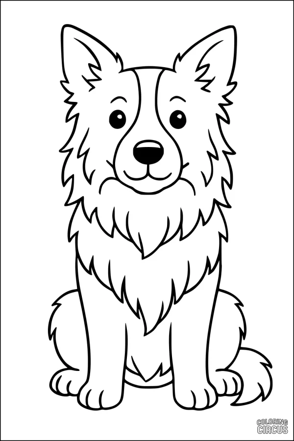 Coloring page of a cute sitting fluffy dog with big ears and friendly eyes
