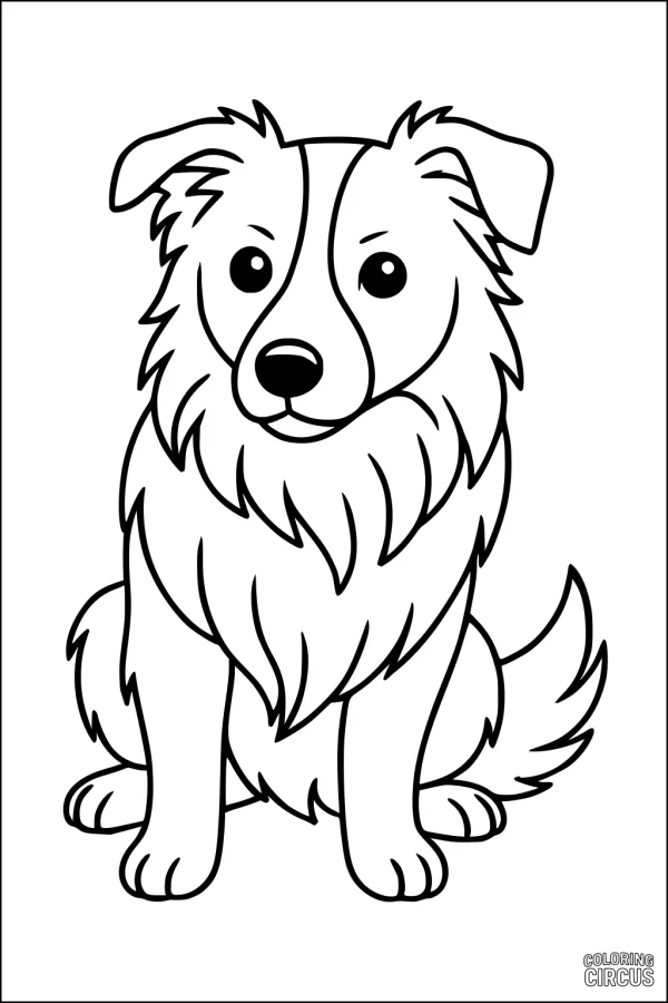 Coloring page of a cute sitting fluffy dog with big eyes