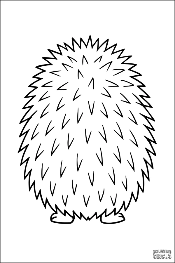 Coloring page featuring a cute spiky hedgehog seen from behind with tiny feet