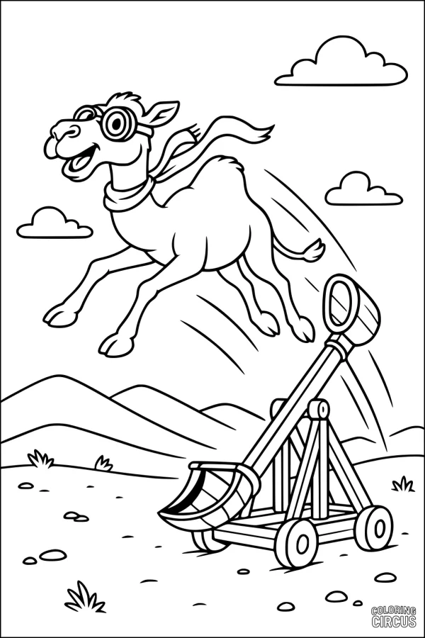 Coloring page featuring a cartoon camel wearing goggles and a scarf, flying through the air above a catapult in a desert landscape with hills and clouds.