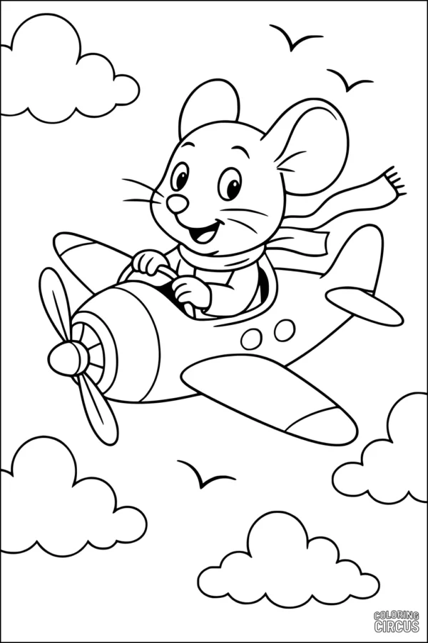 Coloring page of a cute mouse flying an airplane among clouds and birds