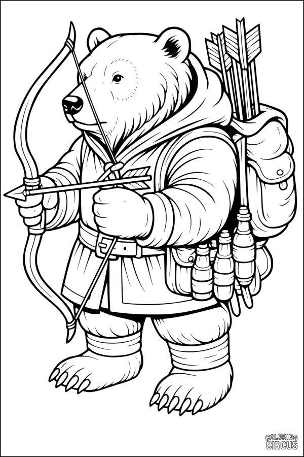 Coloring page of a cartoon bear archer equipped with a bow, arrows, and outdoor gear