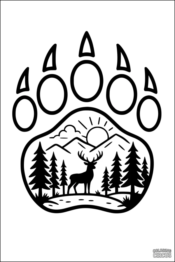 Coloring page with bear paw print containing a mountain, deer, and pine forest scene
