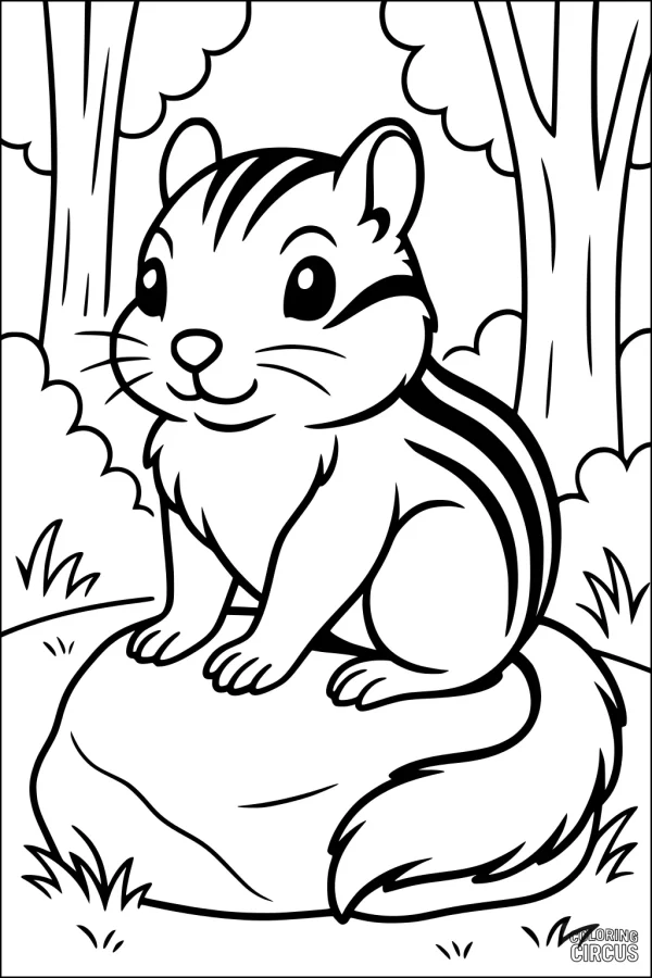 Coloring page with a cute chipmunk sitting on a rock in a simple forest setting