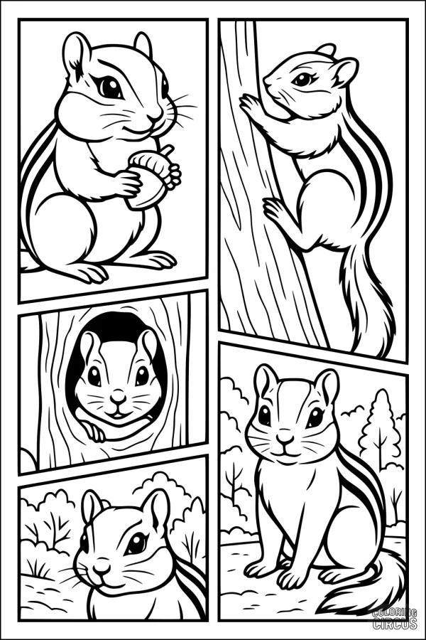 Coloring page with five chipmunk scenes, including one eating an acorn, one climbing a tree, one peeking from a tree hole, and two in a forest setting