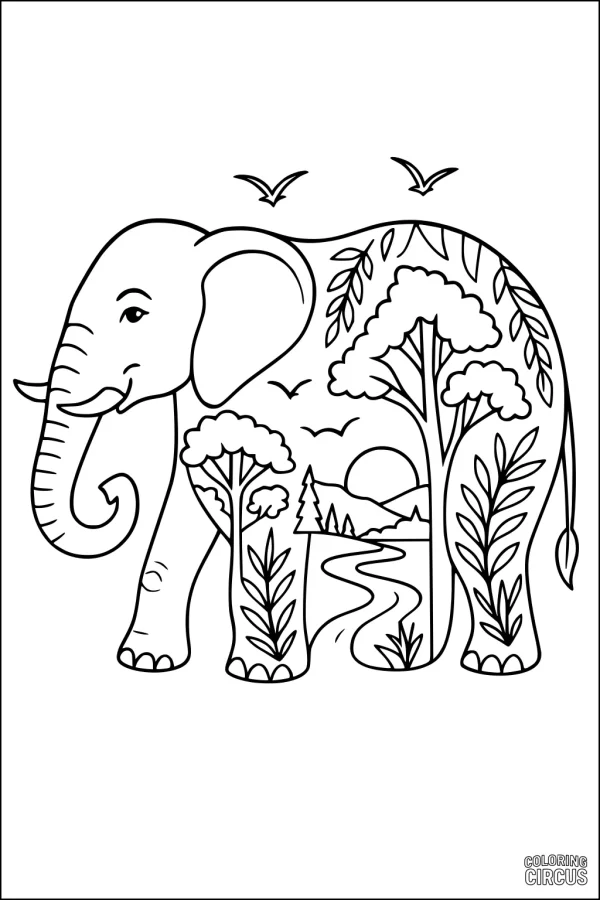 Coloring page featuring an elephant with a landscape and forest scene inside its body, including trees, river, sun, and birds.