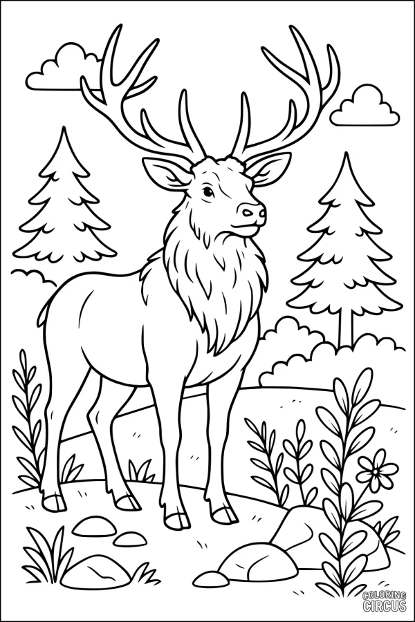 Coloring page of an elk standing in a woodland scene with trees, clouds, and plants