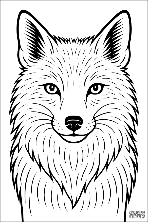 Coloring page portrait of a friendly fox face with detailed fur and upright ears
