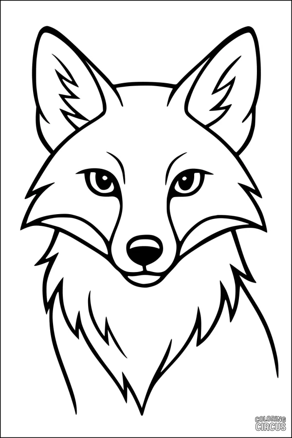 Coloring page showing a close-up of a fox's face with large ears and soft fur, designed for kids