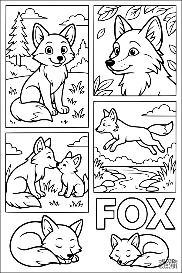 Coloring page with five playful cartoon foxes in different forest scenes