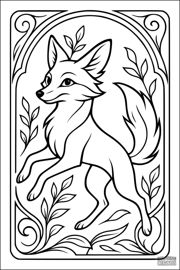 Coloring page featuring a playful fox surrounded by leafy branches in a decorative border.