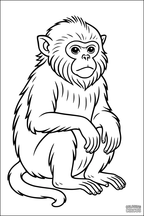 Coloring page of a gentle cartoon monkey sitting quietly with detailed fur and a curious face