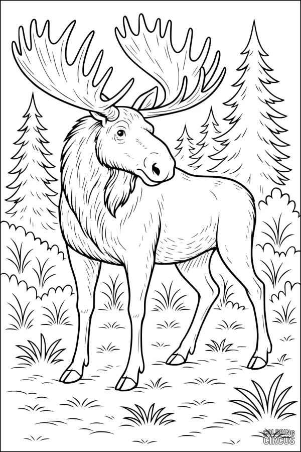 Coloring page featuring a moose standing in a pine forest, surrounded by grass and trees in a natural woodland scene.