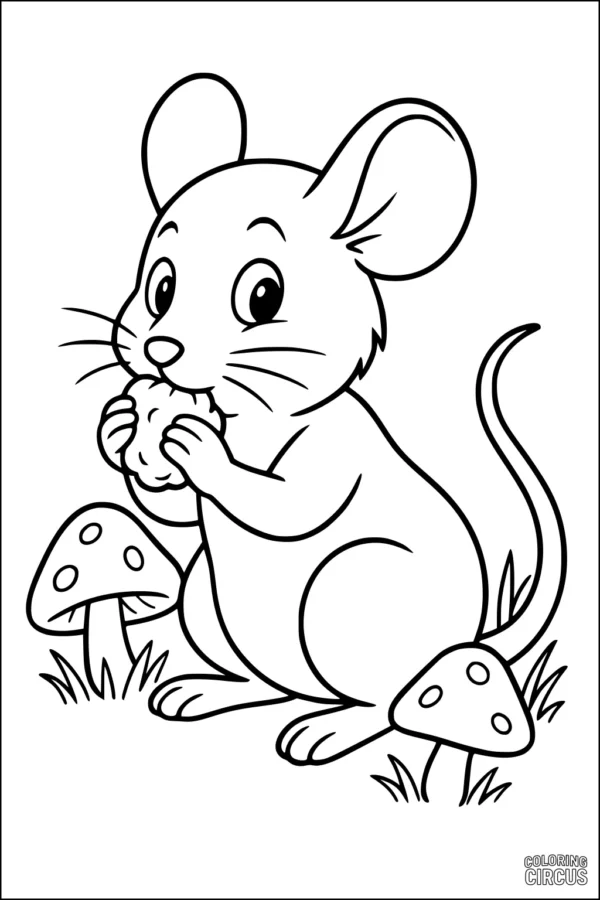 Coloring page of a cute mouse eating with mushrooms and grass