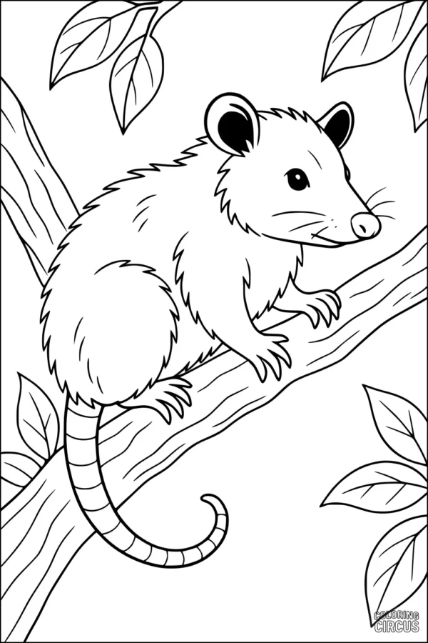 Coloring page showing a cute opossum sitting on a tree branch with leaves around it