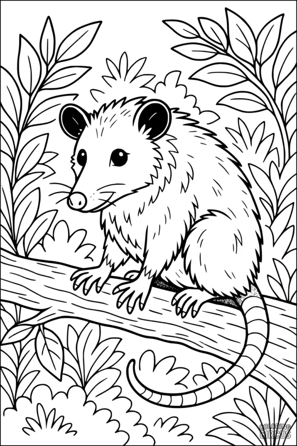 Coloring page featuring a cute opossum on a tree branch surrounded by forest plants